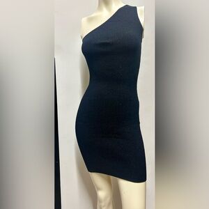 Marciano one shoulder ribbed black mini dress, gold sparkles, size:Small